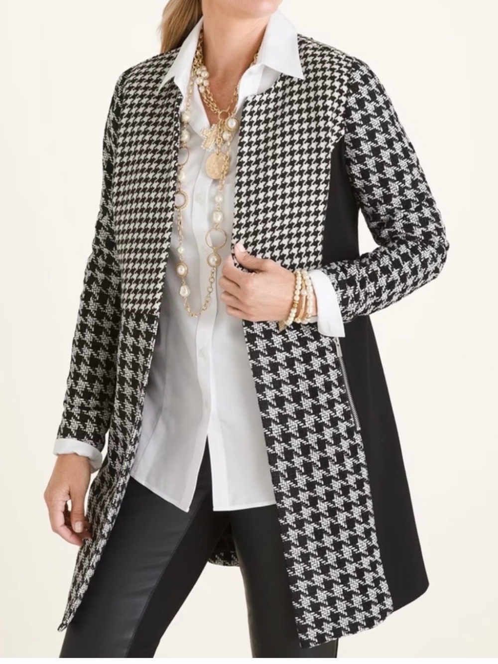 Chico's Black & White Houndstooth Longline Open-Front Blazer size large